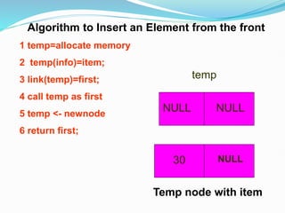 Algorithm to Insert an Element from the front
1 temp=allocate memory
2 temp(info)=item;
3 link(temp)=first;
4 call temp as first
5 temp <- newnode
6 return first;
temp
30
Temp node with item
NULL
NULL NULL
 