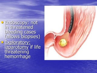 • Endoscopy: not
in threatened
bleeding cases
(allows biopsies)
• Exploratory:
laparotomy if life
threatening
hemorrhage
 