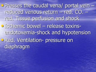 •Presses the caudal vena/ portal vein –
reduced venous return – red. CO. –
red. Tissue perfusion and shock
•Ischemic bowel – release toxins-
endotoxemia-shock and hypotension
•Red. Ventilation- pressure on
diaphragm
 