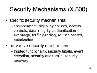 12
Security Mechanisms (X.800)
• specific security mechanisms:
– encipherment, digital signatures, access
controls, data integrity, authentication
exchange, traffic padding, routing control,
notarization
• pervasive security mechanisms:
– trusted functionality, security labels, event
detection, security audit trails, security
recovery
 