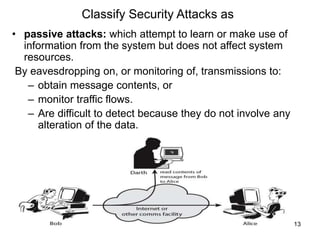 13
Classify Security Attacks as
• passive attacks: which attempt to learn or make use of
information from the system but does not affect system
resources.
By eavesdropping on, or monitoring of, transmissions to:
– obtain message contents, or
– monitor traffic flows.
– Are difficult to detect because they do not involve any
alteration of the data.
 