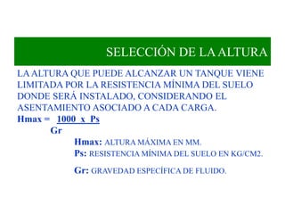SELECCIÓN DE LAALTURA
LAALTURA QUE PUEDE ALCANZAR UN TANQUE VIENE
LIMITADA POR LA RESISTENCIA MÍNIMA DEL SUELO
DONDE SERÁ INSTALADO, CONSIDERANDO EL
ASENTAMIENTO ASOCIADO A CADA CARGA.
Hmax = 1000 x Ps
Gr
Hmax: ALTURA MÁXIMA EN MM.
Ps: RESISTENCIA MÍNIMA DEL SUELO EN KG/CM2.
Gr: GRAVEDAD ESPECÍFICA DE FLUIDO.
 