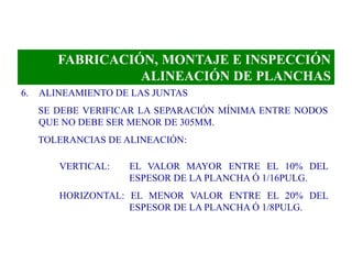 FABRICACIÓN, MONTAJE E INSPECCIÓN
ALINEACIÓN DE PLANCHAS
6. ALINEAMIENTO DE LAS JUNTAS
SE DEBE VERIFICAR LA SEPARACIÓN MÍNIMA ENTRE NODOS
QUE NO DEBE SER MENOR DE 305MM.
TOLERANCIAS DE ALINEACIÓN:
VERTICAL: EL VALOR MAYOR ENTRE EL 10% DEL
ESPESOR DE LA PLANCHA Ó 1/16PULG.
HORIZONTAL: EL MENOR VALOR ENTRE EL 20% DEL
ESPESOR DE LA PLANCHA Ó 1/8PULG.
 