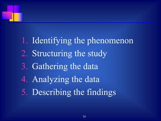 16
1. Identifying the phenomenon
2. Structuring the study
3. Gathering the data
4. Analyzing the data
5. Describing the findings
 
