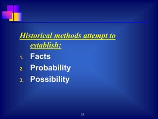 55
Historical methods attempt to
establish:
1. Facts
2. Probability
3. Possibility
 