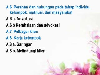 A.6. Peranan dan hubungan pada tahap individu,
kelompok, institusi, dan masyarakat
A.6.a. Advokasi
A.6.b Kerahsiaan dan advokasi
A.7. Pelbagai klien
A.8. Kerja kelompok
A.8.a. Saringan
A.8.b. Melindungi klien
 