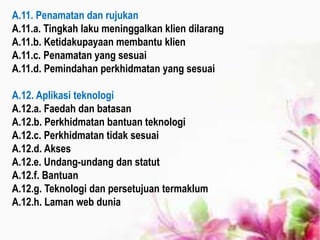 A.11. Penamatan dan rujukan
A.11.a. Tingkah laku meninggalkan klien dilarang
A.11.b. Ketidakupayaan membantu klien
A.11.c. Penamatan yang sesuai
A.11.d. Pemindahan perkhidmatan yang sesuai
A.12. Aplikasi teknologi
A.12.a. Faedah dan batasan
A.12.b. Perkhidmatan bantuan teknologi
A.12.c. Perkhidmatan tidak sesuai
A.12.d. Akses
A.12.e. Undang-undang dan statut
A.12.f. Bantuan
A.12.g. Teknologi dan persetujuan termaklum
A.12.h. Laman web dunia
 