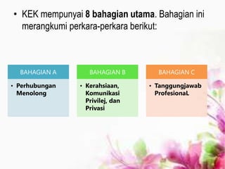 • KEK mempunyai 8 bahagian utama. Bahagian ini
merangkumi perkara-perkara berikut:
BAHAGIAN A
• Perhubungan
Menolong
BAHAGIAN B
• Kerahsiaan,
Komunikasi
Privilej, dan
Privasi
BAHAGIAN C
• Tanggungjawab
ProfesionaL
 