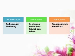 BAHAGIAN D
• Perhubungan
Menolong
BAHAGIAN E
• Kerahsiaan,
Komunikasi
Privilej, dan
Privasi
BAHAGIAN F
• Tanggungjawab
ProfesionaL
 