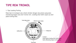 TIPE REM TROMOL
1. Tipe Leading Trailing
Pada tipe ini terdapat satu wheel silinder dengan dua piston yang akan
mendorong bagian atas dari tromol rem. Leading shoe lebih cepat aus dari
pada trailing shoe.
Catatan :
Pada bagian leading shoe lebih cepat
habis dibanding bagian trailing shoe
 