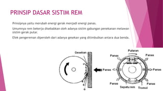 PRINSIP DASAR SISTIM REM
Prinsipnya yaitu merubah energi gerak menjadi energi panas.
Umumnya rem bekerja disebabkan oleh adanya sistim gabungan penekanan melawan
sistim gerak putar.
Efek pengereman diperoleh dari adanya gesekan yang ditimbulkan antara dua benda.
 