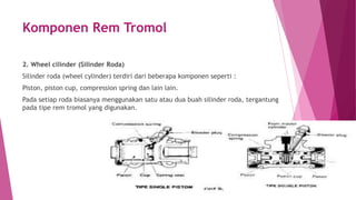 Komponen Rem Tromol
2. Wheel cilinder (Silinder Roda)
Silinder roda (wheel cylinder) terdiri dari beberapa komponen seperti :
Piston, piston cup, compression spring dan lain lain.
Pada setiap roda biasanya menggunakan satu atau dua buah silinder roda, tergantung
pada tipe rem tromol yang digunakan.
 