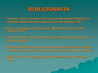 BIBLIOGRAFIA
1. Taborda, Téllez, Vásquez. Principios de Semiología Psiquiátrica.
Empresa Editorial U. Nacional de Colombia. Bogotá. 1991.
2. Fierro. Semiología del Psiquismo. Multiletras Editores, Ltda.
Bogotá. 2001.
3. Sadock, Sadock. Sinopsis de Psiquiatría. Waverly Hispánica S. A.
Barcelona. 2004.
4. Editores Académicos. Fundamentos de Psiquiatría Clínica: Niños,
Adolescentes y Adultos. Centro Editorial Javeriano. Bogotá. 2002.
5. DSM - IV. Criterios Diagnósticos. Editorial Masson. Barcelona.
1995.
 