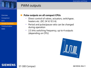 Automation and Drives
A&D BD/AS, Slide 11
S7-300 Compact
PWM outputs
 Pulse outputs on all compact CPUs
- Direct control of valves, actuators, switchgear,
heaters etc. (DC 24 V/ 0.5 A)
- Period and pulse/pause ratio can be changed
during operation
- 2.5 kHz switching frequency, up to 4 outputs
(depending on CPU)
Overview
Comparison
I/O‘s
Process Functions
Communication
MMC
 