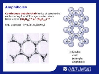 Amphiboles
Continuous double chain units of tetrahedra
each sharing 2 and 3 oxygens alternately.
Basic unit is (Si4O11)-6 or (Si8O22)-12
e.g., asbestos; [Mg3(Si2O5)(OH)4]
 