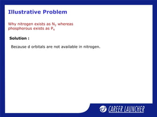 Illustrative Problem
Why nitrogen exists as N2 whereas
phosphorous exists as P4
Because d orbitals are not available in nitrogen.
Solution :
 
