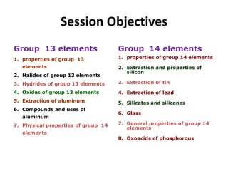 Session Objectives
Group 13 elements
1. properties of group 13
elements
2. Halides of group 13 elements
3. Hydrides of group 13 elements
4. Oxides of group 13 elements
5. Extraction of aluminum
6. Compounds and uses of
aluminum
7. Physical properties of group 14
elements
Group 14 elements
1. properties of group 14 elements
2. Extraction and properties of
silicon
3. Extraction of tin
4. Extraction of lead
5. Silicates and silicones
6. Glass
7. General properties of group 14
elements
8. Oxoacids of phosphorous
 