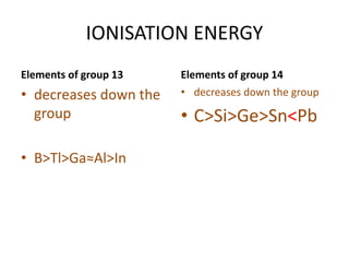 IONISATION ENERGY
Elements of group 13
• decreases down the
group
• B>Tl>Ga≈Al>In
• decreases down the group
• C>Si>Ge>Sn<Pb
Elements of group 14
 