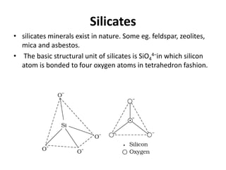 Silicates
• silicates minerals exist in nature. Some eg. feldspar, zeolites,
mica and asbestos.
• The basic structural unit of silicates is SiO4
4–in which silicon
atom is bonded to four oxygen atoms in tetrahedron fashion.
 