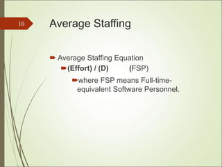 Average Staffing
 Average Staffing Equation
(Effort) / (D) (FSP)
where FSP means Full-time-
equivalent Software Personnel.
10
 