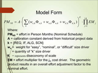 46
Where:
PMNS = effort in Person Months (Nominal Schedule)
A = calibration constant derived from historical project data
k = {REQ, IF, ALG, SCN}
wx = weight for “easy”, “nominal”, or “difficult” size driver
= quantity of “k” size driver
E = represents diseconomy of scale
EM = effort multiplier for the jth cost driver. The geometric
product results in an overall effort adjustment factor to the
nominal effort.
x

Model Form

 
















14
1
,
,
,
,
,
, )
(
j
j
E
k
k
d
k
d
k
n
k
n
k
e
k
e
NS EM
w
w
w
A
PM
 