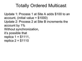 Totally Ordered Multicast
Update 1: Process 1 at Site A adds $100 to an
account, (initial value = $1000)
Update 2: Process 2 at Site B increments the
account by 1%
Without synchronization,
it’s possible that
replica 1 = $1111,
replica 2 = $1110
 