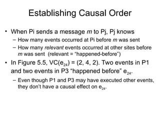 Establishing Causal Order
• When Pi sends a message m to Pj, Pj knows
– How many events occurred at Pi before m was sent
– How many relevant events occurred at other sites before
m was sent (relevant = “happened-before”)
• In Figure 5.5, VC(e24) = (2, 4, 2). Two events in P1
and two events in P3 “happened before” e24.
– Even though P1 and P3 may have executed other events,
they don’t have a causal effect on e24.
 