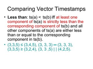 Comparing Vector Timestamps
• Less than: ts(a) < ts(b) iff at least one
component of ts(a) is strictly less than the
corresponding component of ts(b) and all
other components of ts(a) are either less
than or equal to the corresponding
component in ts(b).
• (3,3,5) ≤ (3,4,5), (3, 3, 3) ═ (3, 3, 3),
(3,3,5) ≥ (3,2,4), (3, 3 ,5) | | (4,2,5).
 