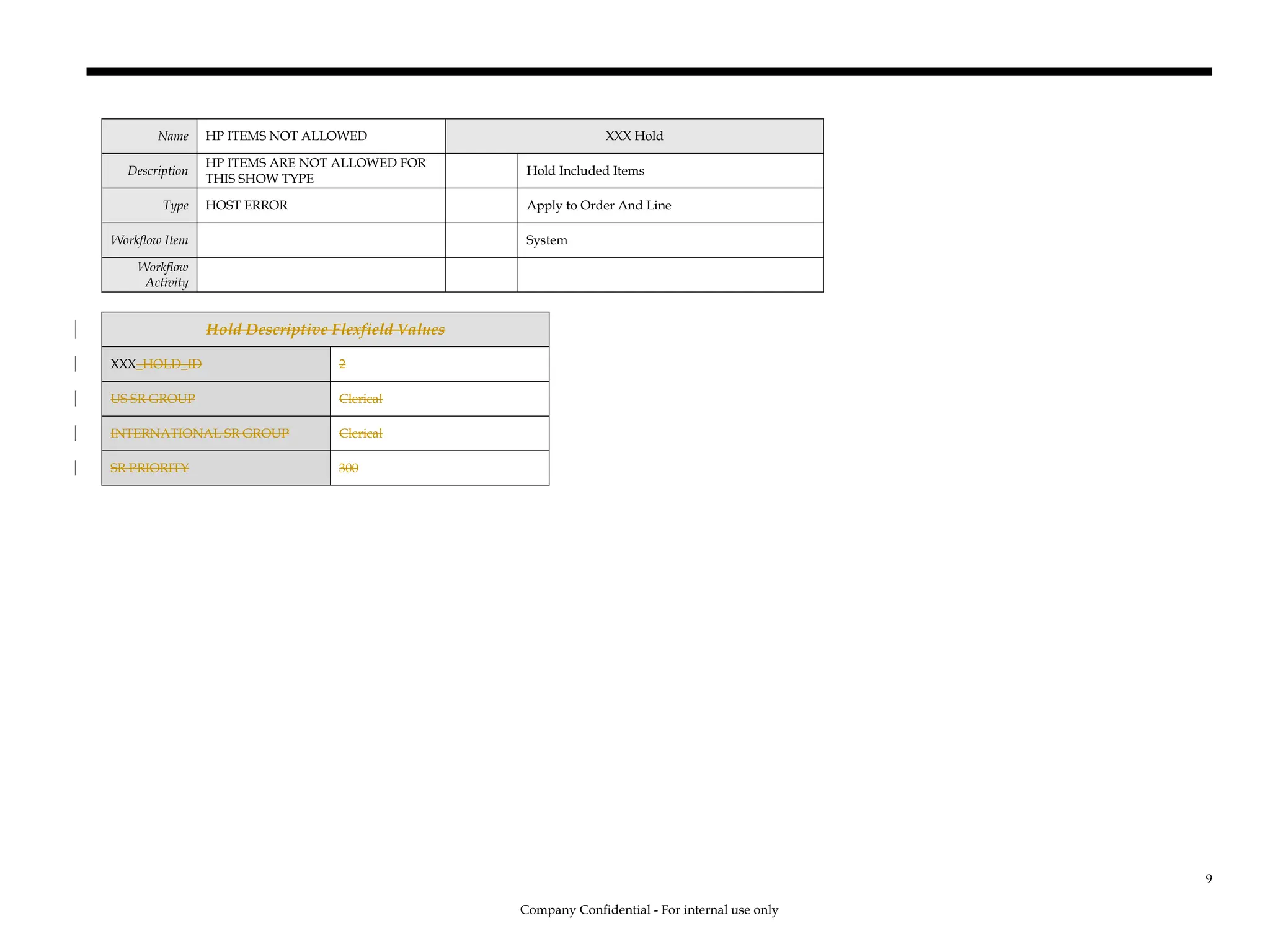 Name HP ITEMS NOT ALLOWED XXX Hold
Description
HP ITEMS ARE NOT ALLOWED FOR
THIS SHOW TYPE
Hold Included Items
Type HOST ERROR Apply to Order And Line
Workflow Item System
Workflow
Activity
Hold Descriptive Flexfield Values
XXX_HOLD_ID 2
US SR GROUP Clerical
INTERNATIONAL SR GROUP Clerical
SR PRIORITY 300
Company Confidential - For internal use only
9
 