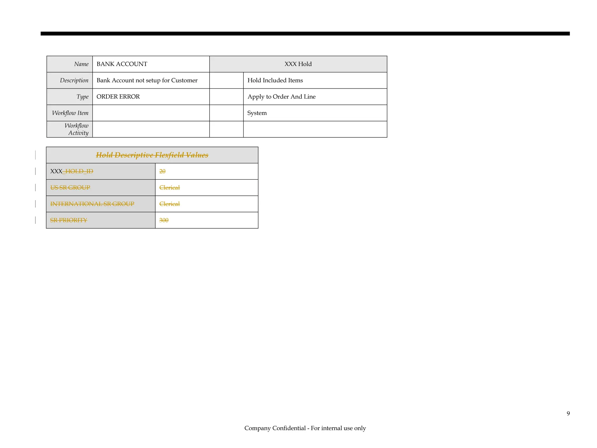 Name BANK ACCOUNT XXX Hold
Description Bank Account not setup for Customer Hold Included Items
Type ORDER ERROR Apply to Order And Line
Workflow Item System
Workflow
Activity
Hold Descriptive Flexfield Values
XXX_HOLD_ID 20
US SR GROUP Clerical
INTERNATIONAL SR GROUP Clerical
SR PRIORITY 300
Company Confidential - For internal use only
9
 