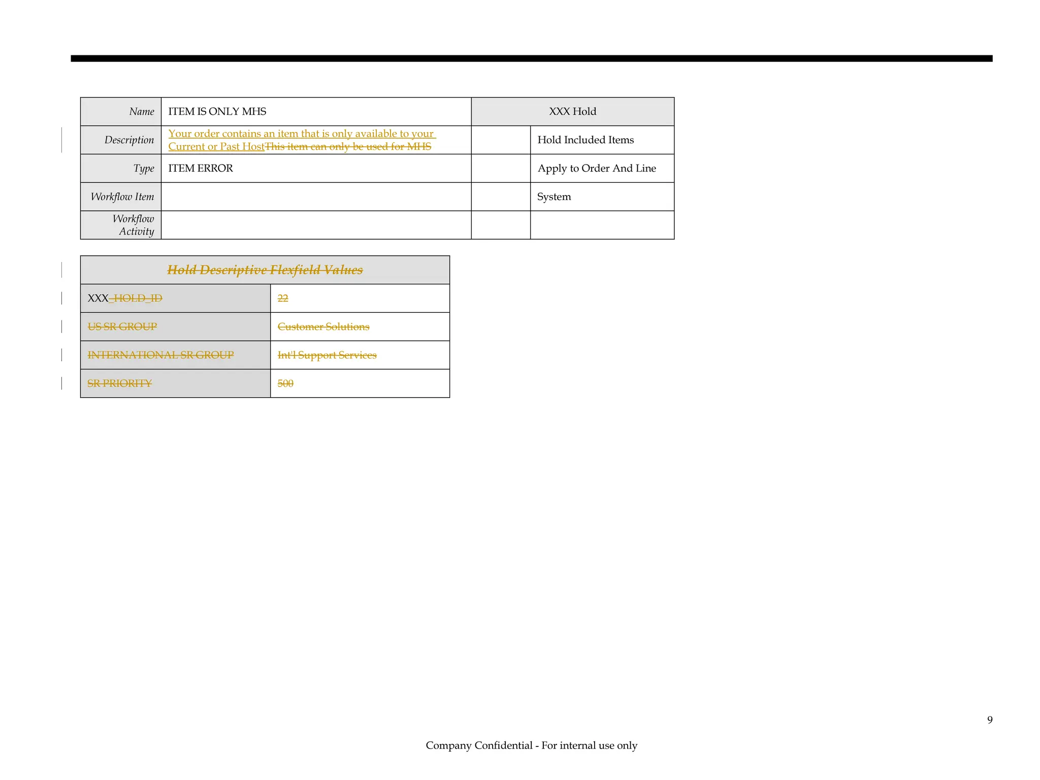 Name ITEM IS ONLY MHS XXX Hold
Description
Your order contains an item that is only available to your
Current or Past HostThis item can only be used for MHS
Hold Included Items
Type ITEM ERROR Apply to Order And Line
Workflow Item System
Workflow
Activity
Hold Descriptive Flexfield Values
XXX_HOLD_ID 22
US SR GROUP Customer Solutions
INTERNATIONAL SR GROUP Int'l Support Services
SR PRIORITY 500
Company Confidential - For internal use only
9
 
