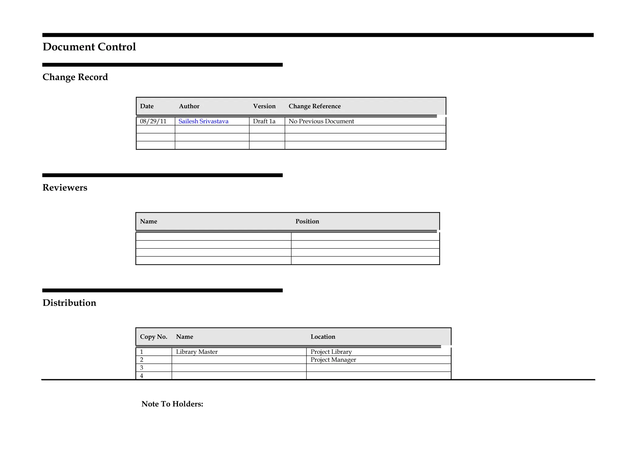 Document Control
Change Record
7
Date Author Version Change Reference
08/29/11 Sailesh Srivastava Draft 1a No Previous Document
Reviewers
Name Position
Distribution
Copy No. Name Location
1 Library Master Project Library
2 Project Manager
3
4
Note To Holders:
 