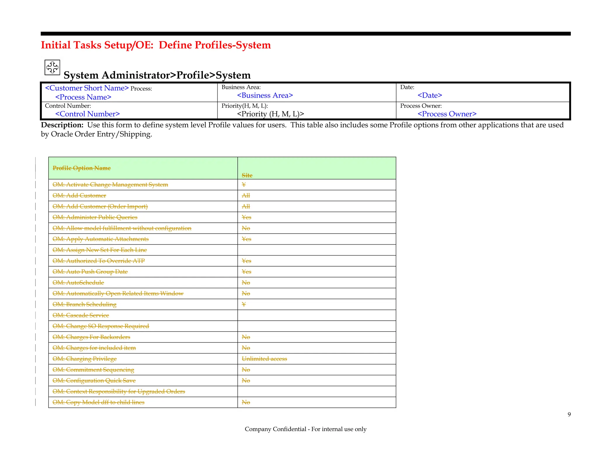 Initial Tasks Setup/OE: Define Profiles-System
System Administrator>Profile>System
<Customer Short Name> Process:
<Process Name>
Business Area:
<Business Area>
Date:
<Date>
Control Number:
<Control Number>
Priority(H, M, L):
<Priority (H, M, L)>
Process Owner:
<Process Owner>
Description: Use this form to define system level Profile values for users. This table also includes some Profile options from other applications that are used
by Oracle Order Entry/Shipping.
Profile Option Name
Site
OM: Activate Change Management System Y
OM: Add Customer All
OM: Add Customer (Order Import) All
OM: Administer Public Queries Yes
OM: Allow model fulfillment without configuration No
OM: Apply Automatic Attachments Yes
OM: Assign New Set For Each Line
OM: Authorized To Override ATP Yes
OM: Auto Push Group Date Yes
OM: AutoSchedule No
OM: Automatically Open Related Items Window No
OM: Branch Scheduling Y
OM: Cascade Service
OM: Change SO Response Required
OM: Charges For Backorders No
OM: Charges for included item No
OM: Charging Privilege Unlimited access
OM: Commitment Sequencing No
OM: Configuration Quick Save No
OM: Context Responsibility for Upgraded Orders
OM: Copy Model dff to child lines No
Company Confidential - For internal use only
9
 