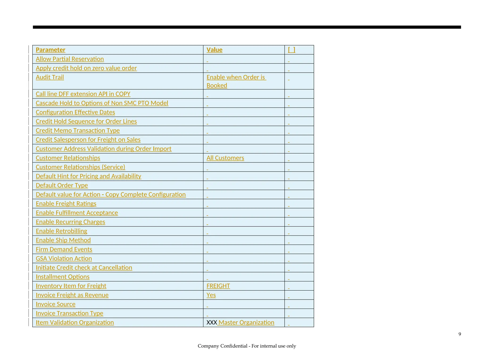 Parameter Value [ ]
Allow Partial Reservation
Apply credit hold on zero value order
Audit Trail Enable when Order is
Booked
Call line DFF extension API in COPY
Cascade Hold to Options of Non SMC PTO Model
Configuration Effective Dates
Credit Hold Sequence for Order Lines
Credit Memo Transaction Type
Credit Salesperson for Freight on Sales
Customer Address Validation during Order Import
Customer Relationships All Customers
Customer Relationships (Service)
Default Hint for Pricing and Availability
Default Order Type
Default value for Action - Copy Complete Configuration
Enable Freight Ratings
Enable Fulfillment Acceptance
Enable Recurring Charges
Enable Retrobilling
Enable Ship Method
Firm Demand Events
GSA Violation Action
Initiate Credit check at Cancellation
Installment Options
Inventory Item for Freight FREIGHT
Invoice Freight as Revenue Yes
Invoice Source
Invoice Transaction Type
Item Validation Organization XXX Master Organization
Company Confidential - For internal use only
9
 