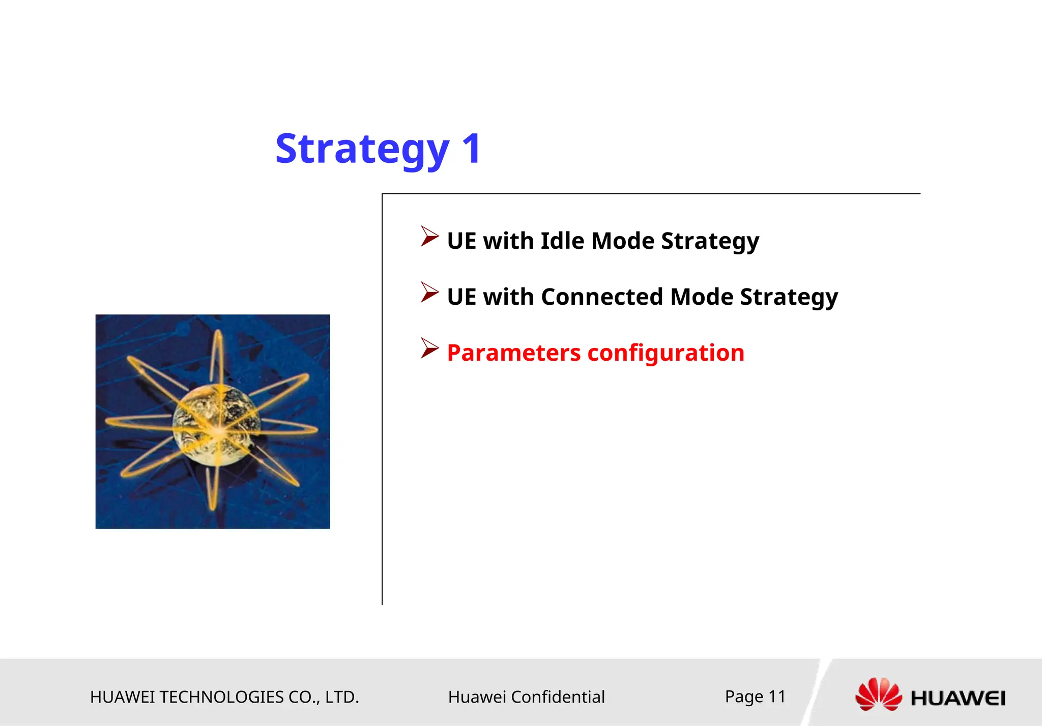 HUAWEI TECHNOLOGIES CO., LTD. Huawei Confidential Page 11
 UE with Idle Mode Strategy
 UE with Connected Mode Strategy
 Parameters configuration
Strategy 1
 