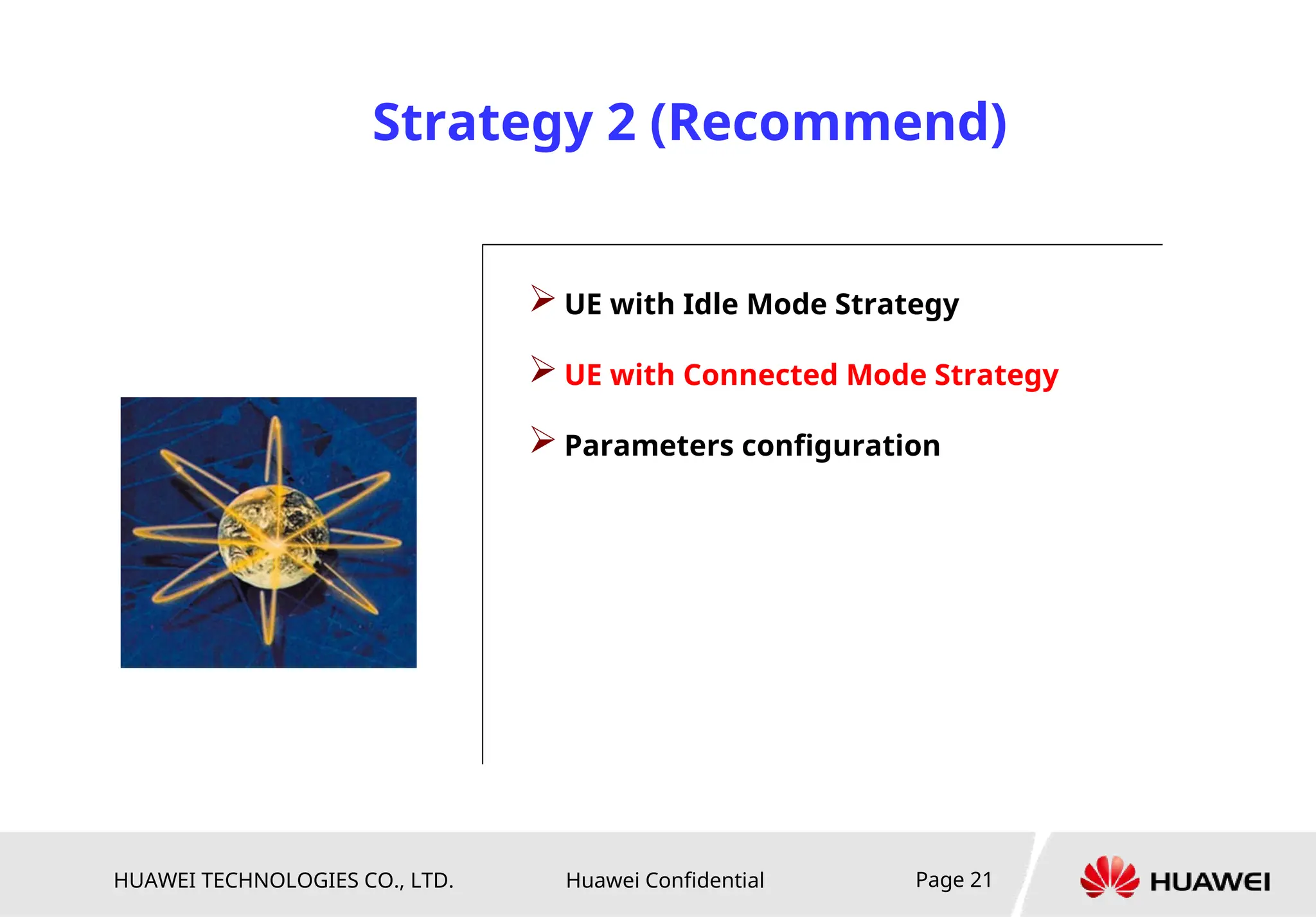 HUAWEI TECHNOLOGIES CO., LTD. Huawei Confidential Page 21
 UE with Idle Mode Strategy
 UE with Connected Mode Strategy
 Parameters configuration
Strategy 2 (Recommend)
 