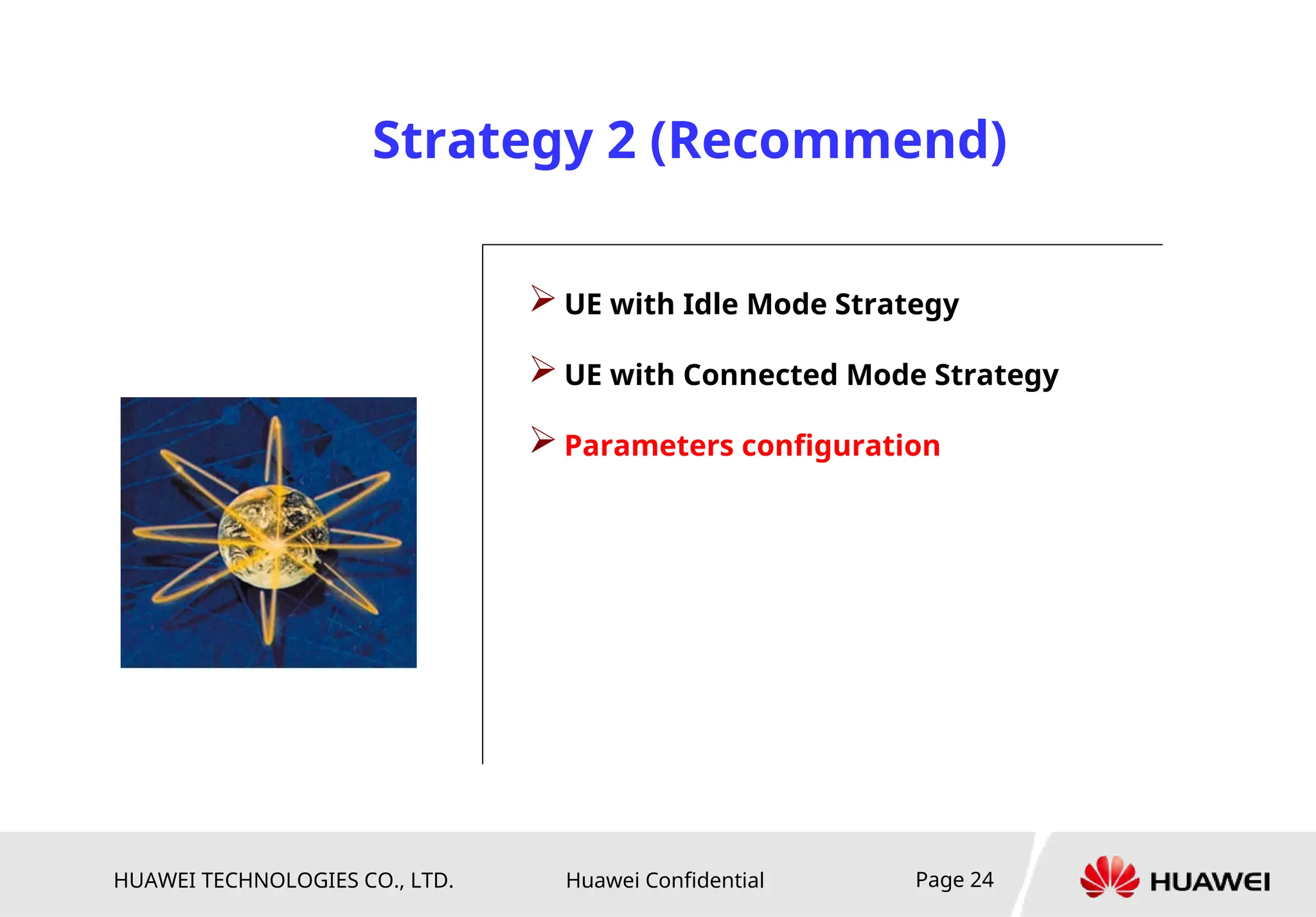 HUAWEI TECHNOLOGIES CO., LTD. Huawei Confidential Page 24
 UE with Idle Mode Strategy
 UE with Connected Mode Strategy
 Parameters configuration
Strategy 2 (Recommend)
 