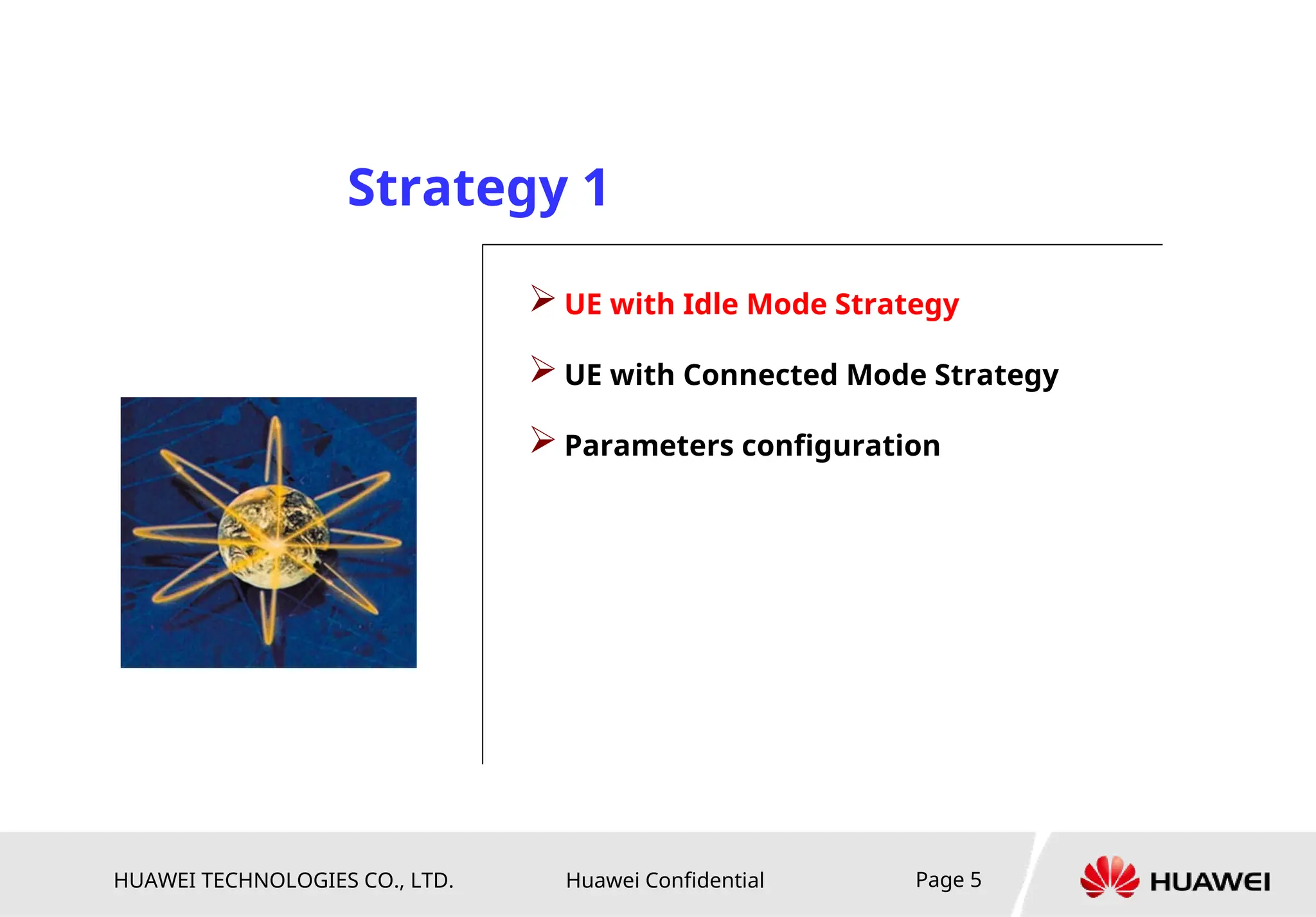 HUAWEI TECHNOLOGIES CO., LTD. Huawei Confidential Page 5
 UE with Idle Mode Strategy
 UE with Connected Mode Strategy
 Parameters configuration
Strategy 1
 