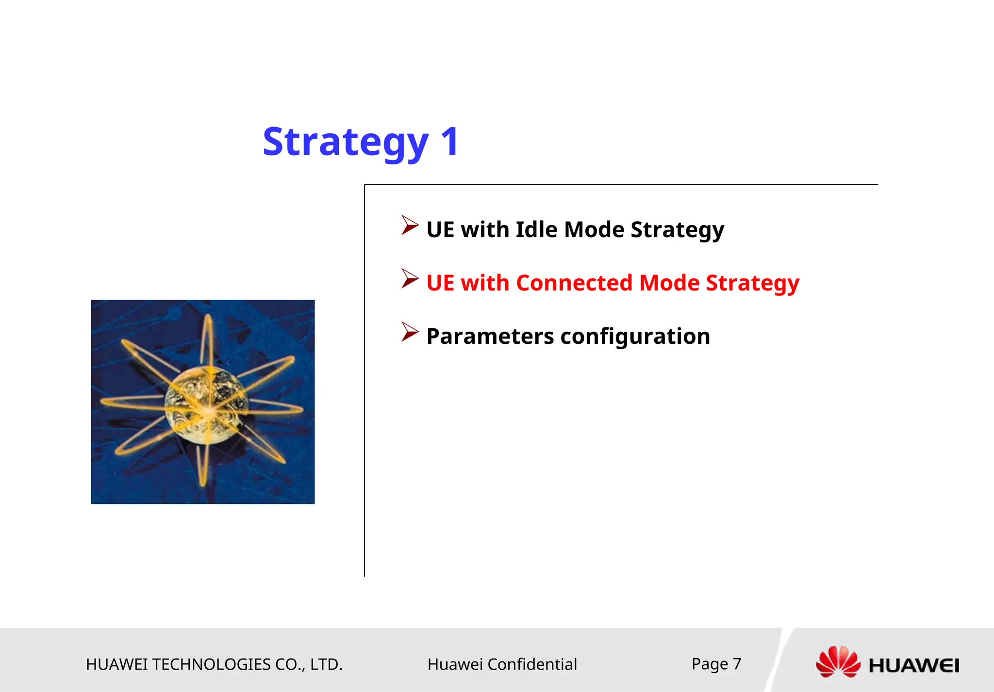 HUAWEI TECHNOLOGIES CO., LTD. Huawei Confidential Page 7
 UE with Idle Mode Strategy
 UE with Connected Mode Strategy
 Parameters configuration
Strategy 1
 