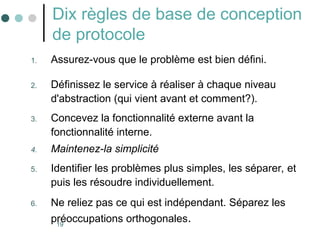19
Dix règles de base de conception
de protocole
1. Assurez-vous que le problème est bien défini.
2. Définissez le service à réaliser à chaque niveau
d'abstraction (qui vient avant et comment?).
3. Concevez la fonctionnalité externe avant la
fonctionnalité interne.
4. Maintenez-la simplicité
5. Identifier les problèmes plus simples, les séparer, et
puis les résoudre individuellement.
6. Ne reliez pas ce qui est indépendant. Séparez les
préoccupations orthogonales.
 