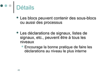 49
Détails
 Les blocs peuvent contenir des sous-blocs
ou aussi des processus
 Les déclarations de signaux, listes de
signaux, etc., peuvent être à tous les
niveaux
Encourage la bonne pratique de faire les
déclarations au niveau le plus interne
 