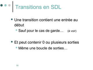 53
Transitions en SDL
 Une transition contient une entrée au
début
Sauf pour le cas de garde… (à voir)
 Et peut contenir 0 ou plusieurs sorties
Même une boucle de sorties…
 