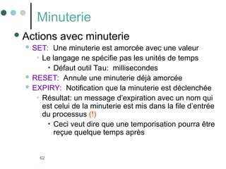 62
Minuterie
Actions avec minuterie
 SET: Une minuterie est amorcée avec une valeur
• Le langage ne spécifie pas les unités de temps
• Défaut outil Tau: millisecondes
 RESET: Annule une minuterie déjà amorcée
 EXPIRY: Notification que la minuterie est déclenchée
• Résultat: un message d’expiration avec un nom qui
est celui de la minuterie est mis dans la file d’entrée
du processus (!)
• Ceci veut dire que une temporisation pourra être
reçue quelque temps après
 