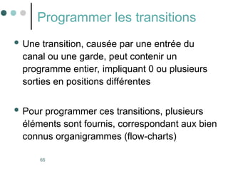 65
Programmer les transitions
 Une transition, causée par une entrée du
canal ou une garde, peut contenir un
programme entier, impliquant 0 ou plusieurs
sorties en positions différentes
 Pour programmer ces transitions, plusieurs
éléments sont fournis, correspondant aux bien
connus organigrammes (flow-charts)
 