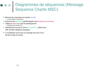 73
Diagrammes de séquences (Message
Sequence Charts MSC)
 Décrivent les protocoles de manière visuelle
 communications et interactions
 Expriment des scénarios positifs/négatifs entre processus concurrents.
 Utilisés au début du cycle de développement
 abstraction des données, etc...
 Standard de la norme Z.120 de l'ITU (CCITT), utilisés dans
UML (Unified Modeling Language).
 La visualisation de la trace du message est choisi d’une
manière simple et intuitive
 