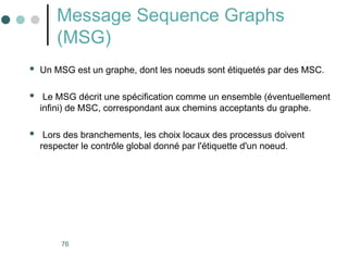 76
Message Sequence Graphs
(MSG)
 Un MSG est un graphe, dont les noeuds sont étiquetés par des MSC.
 Le MSG décrit une spécification comme un ensemble (éventuellement
infini) de MSC, correspondant aux chemins acceptants du graphe.
 Lors des branchements, les choix locaux des processus doivent
respecter le contrôle global donné par l'étiquette d'un noeud.
 