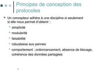 8
Principes de conception des
protocoles
 Un concepteur adhère à une discipline si seulement
si elle nous permet d’obtenir :
 simplicité
 modularité
 faisabilité
 robustesse aux pannes
 comportement : ordonnancement, absence de blocage,
cohérence des données partagées
 