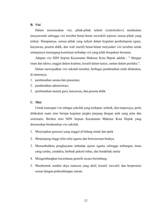 B. Visi
   Dalam        merumuskan   visi,   pihak-pihak   terkait   (stakeholders) melakukan
musyawarah sehingga visi tersebut benar-benar mewakili aspirasi semua pihak yang
terkait. Harapannya, semua pihak yang terkait dalam kegiatan pembelajaran (guru,
karyawan, peserta didik, dan wali murid) benar-benar menyadari visi tersebut untuk
selanjutnya memegang komitmen terhadap visi yang telah disepakati bersama.
   Adapun visi SDN Impian Kecamatan Makmur Kota Depok adalah : ” Dengan
iman dan takwa, unggul dalam kualitas, kreatif dalam karya, santun dalam perilaku.”.
   Dalam mewujudkan visi sekolah tersebut, berbagai pembenahan telah dilakukan,
di antaranya.
1. pembenahan sarana dan prasarana;
2. pembenahan administrasi;
3. pembenahan mental guru, karyawan, dan peserta didik.


C. Misi
   Untuk mencapai visi sebagai sokolah yang terdepan, terbaik, dan terpercaya, perlu
dilakukan suatu misi berupa kegiatan jangka panjang dengan arah yang jelas dan
sistematis. Berikut misi SDN Impian Kecamatan Makmur Kota Depok yang
dirumuskan berdasarkan visi sekolah.

1. Menyiapkan generasi yang unggul di bidang imtak dan iptek

2. Menjunjung tinggi nilai-nilai agama dan berwawasan budaya.

3. Menumbuhkan penghayatan terhadap ajaran agama sehingga terbangun insan
   yang cerdas, cendekia, berbudi pekerti luhur, dan berakhlak mulia

4. Mengembangkan kecerdasan generik secara berimbang.

5. Membentuk sumber daya manusia yang aktif, kreatif, inovatif, dan berprestasi
   sesuai dengan perkembangan zaman.




                                           12
 