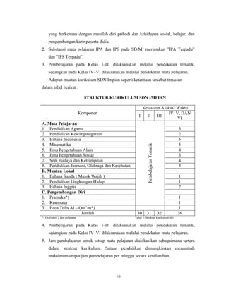 yang berkenaan dengan masalah diri pribadi dan kehidupan sosial, belajar, dan
     pengembangan karir peserta didik.
2. Substansi mata pelajaran IPA dan IPS pada SD/MI merupakan ”IPA Terpadu”
     dan ”IPS Terpadu”.
3. Pembelajaran pada Kelas I–III dilaksanakan melalui pendekatan tematik,
     sedangkan pada Kelas IV–VI dilaksanakan melalui pendekatan mata pelajaran.
     Adapun muatan kurikulum SDN Impian seperti ketentuan tersebut tersusun
dalam tabel berikut :

                                 STRUKTUR KURIKULUM SDN IMPIAN

                                                        Kelas dan Alokasi Waktu
                               Komponen                              IV, V, DAN
                                                      I   II    III
                                                                          VI
A. Mata Pelajaran
1. Pendidikan Agama                                                                      3
2. Pendidikan Kewarganegaraan                                                            2
3. Bahasa Indonesia                                                                      5
4. Matematika                                                                            5
5. Ilmu Pengetahuan Alam                                     Pembelajaran Tematik        4
6. Ilmu Pengetahuan Sosial                                                               3
7. Seni Budaya dan Ketrampilan                                                           4
8. Pendidikan Jasmani, Olahraga dan Kesehatan                                            4
B. Muatan Lokal
1. Bahasa Sunda ( Mulok Wajib )                                                          1
2. Pendidikan Lingkungan Hidup                                                           1
3. Bahasa Inggris                                                                        2
C. Pengembangan Diri
1. Pramuka*)                                                                              1
2. Komputer                                                                               1
3. Baca Tulis Al – Qur’an*)                                                               1
                    Jumlah                          30      31                      32   36
*) Ekuivalen 2 jam pelajaran                       Tabel 3: Struktur Kurikulum SD

4. Pembelajaran pada Kelas I–III dilaksanakan melalui pendekatan tematik,
     sedangkan pada Kelas IV–VI dilaksanakan melalui pendekatan mata pelajaran.
5. Jam pembelajaran untuk setiap mata pelajaran dialokasikan sebagaimana tertera
     dalam struktur kurikulum. Satuan pendidikan dimungkinkan menambah
     maksimum empat jam pembelajaran per minggu secara keseluruhan.



                                            16
 