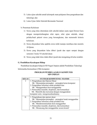 5) Lulus ujian sekolah untuk kelompok mata pelajaran ilmu pengetahuan dan
              teknologi; dan
      6) Lulus Ujian Akhir Sekolah Berstandar Nasional


   b. Penentuan Kelulusan
      1) Siswa yang lulus ditentukan oleh sekolah dalam suatu rapat Dewan Guru
              dengan mempertimbangkan nilai rapor, nilai ujian sekolah, sikap/
              prilaku/budi pekerti siswa yang bersangkutan, dan memenuhi kriteria
              kelulusan.
      2) Siswa dinyatakan lulus apabila siswa telah mampu membaca dan menulis
              Al Quran.
      3) Siswa yang dinyatakan lulus diberi ijazah dan rapor sampai dengan
              semester 2 kelas VI sekolah dasar.
      4) Siswa yang tidak lulus tidak diberi ijazah dan mengulang di kelas terakhir.

G. Pendidikan Kecakapan Hidup
   Pendidikan kecakapan hidup di SD Negeri Impian adalah Pendidikan Teknologi
Informatika Komunikasi (TIK) komputer.
                           PROGRAM PEMBELAJARAN KOMPUTER
                                     SDN IMPIAN

     KELAS                     STANDAR KOMPETENSI / MATERI
        I         1. Pengetahuan dan Operasi Dasar
                     SK : Menunjukan perangkat – perangkat keras komputer
                  2. Pengolahan informasi untuk produktivitas
                     SK : Menggunakan ikon menggambar
                  3. Pemecahan masalah, eksplorasi, dan komunikasi
                    SK : Memilih dan mewarnai dengan menggunakan
                  komputer serta mengomunikasikanny
        II.       1. Pengetahuan dan operasi dasar
                     SK : Menunjukan perangkat – perangkat lunak menggambar
                  2. Pengolahan informasi untuk produktivitas
                     SK : Mendemonstrasikan ikon menggambar
                  3. Pemecahan masalah, eksplorasi, dan komunikasi
                     SK : Merancang dan menggambar secara kreatif




                                            21
 